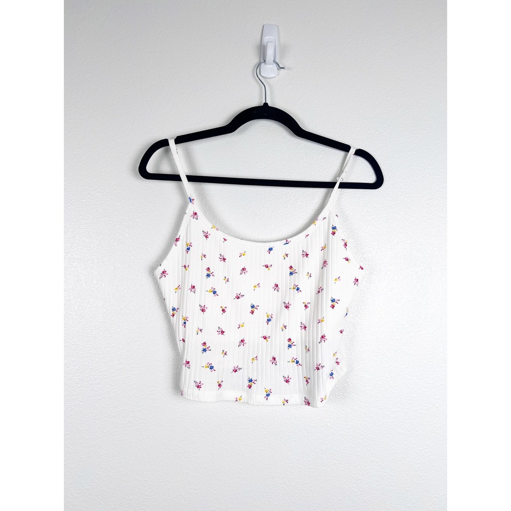 Old Navy Womens Cropped Spaghetti Strap Tank Top Floral White Ribbed Large NWT